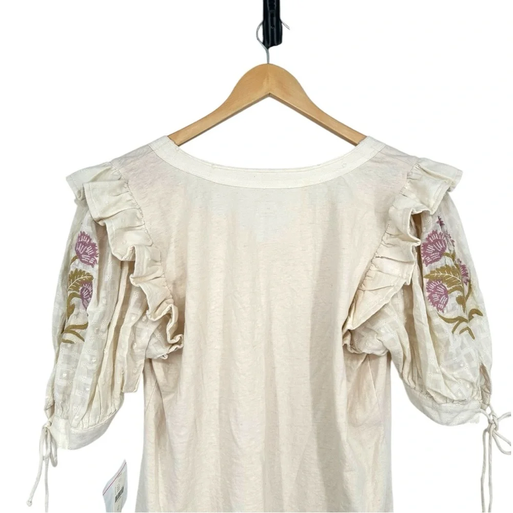 By Anthropologie Embroidered Elbow Puff-Sleeve Top size XL Cream Floral NWT